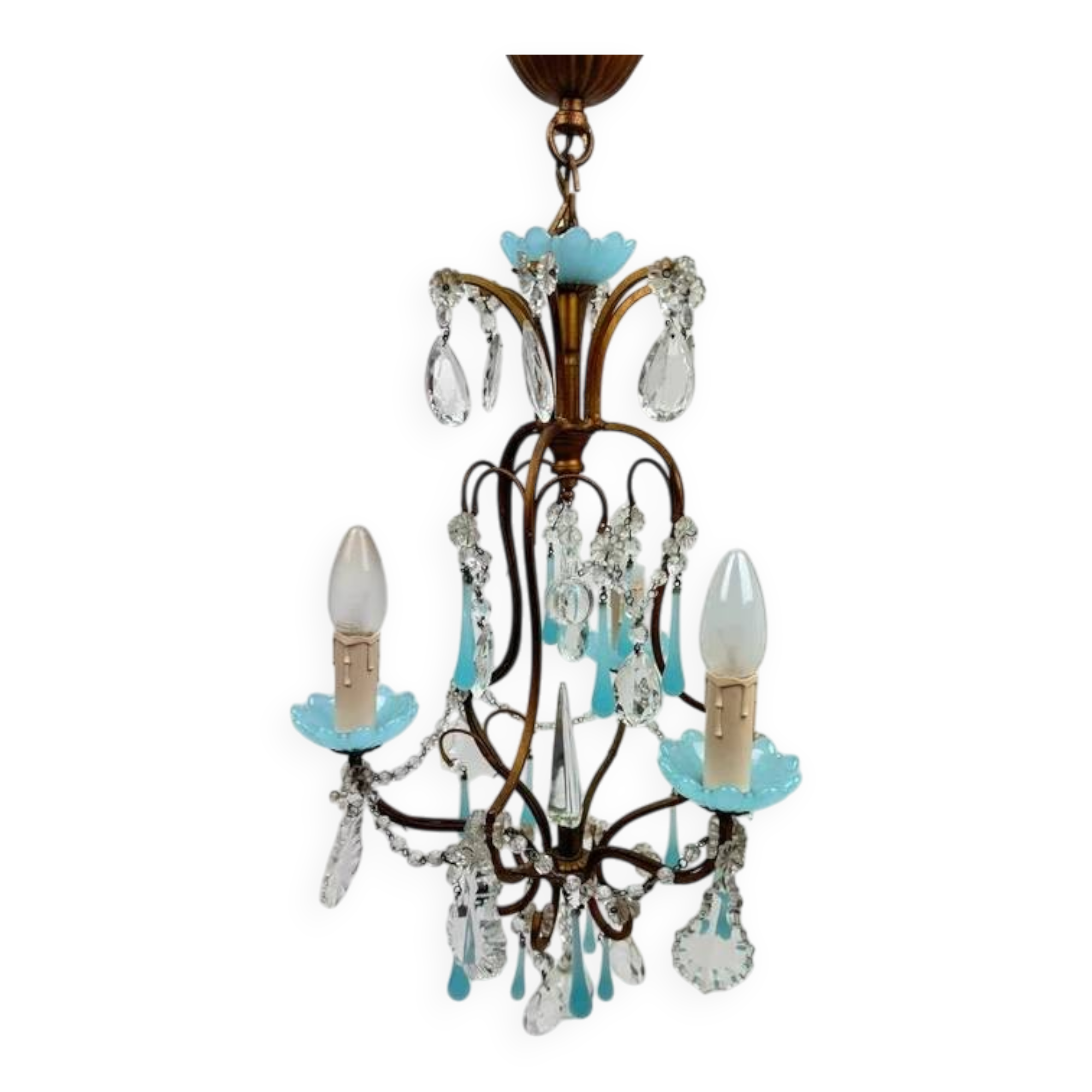 Small Italian chandelier in brass, blue opaline and tassels, 1950s