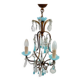 Small Italian chandelier in brass, blue opaline and tassels, 1950s