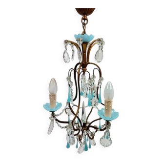 Petit lustre italien en laiton, opaline bleue et pampilles, années 50