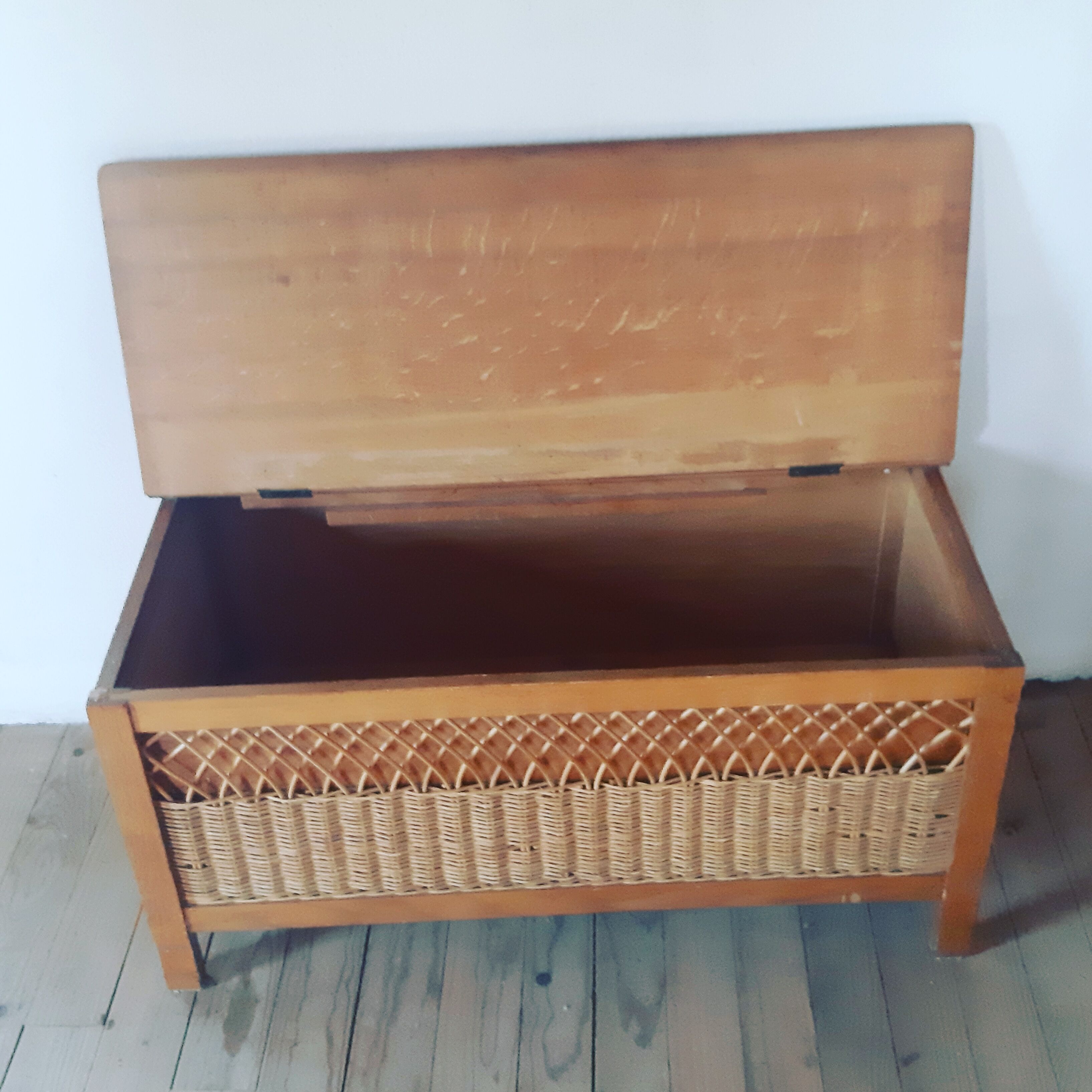Vintage wooden and wicker bench and storage chest