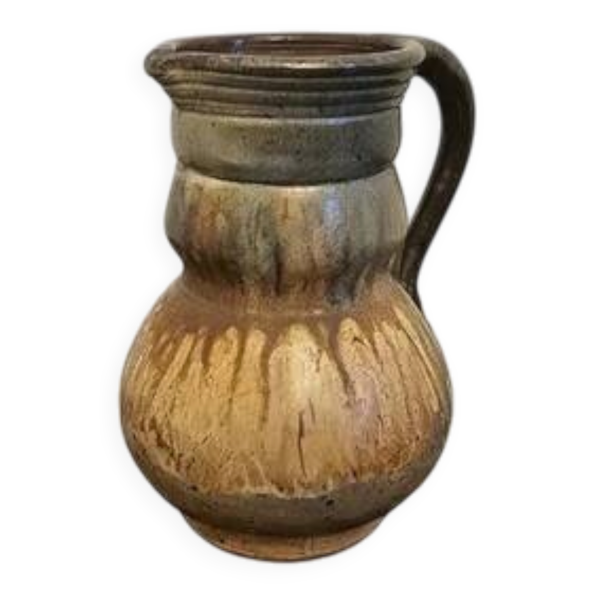 Decorative pitcher or vase in signed stoneware, beige and brown - rustic art style.