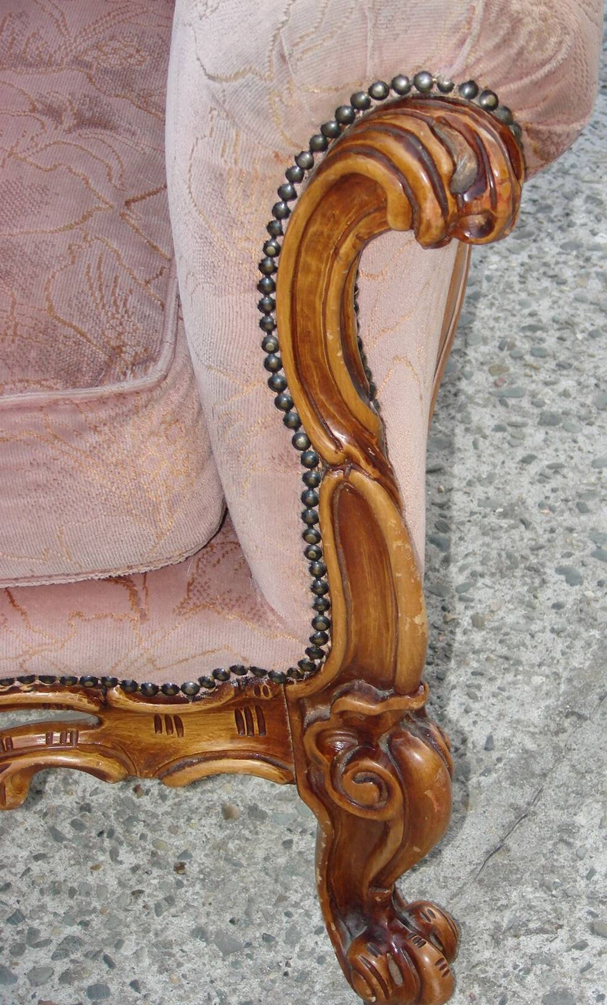Vintage French armchair, 1960s, carved wood, springs