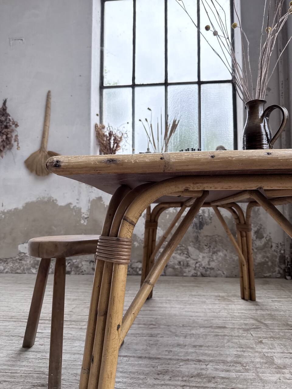 1950s rattan table with ceramic top