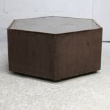 Space age table, hexagonal. Wood, velvet and smoked mirror. Circa 1970