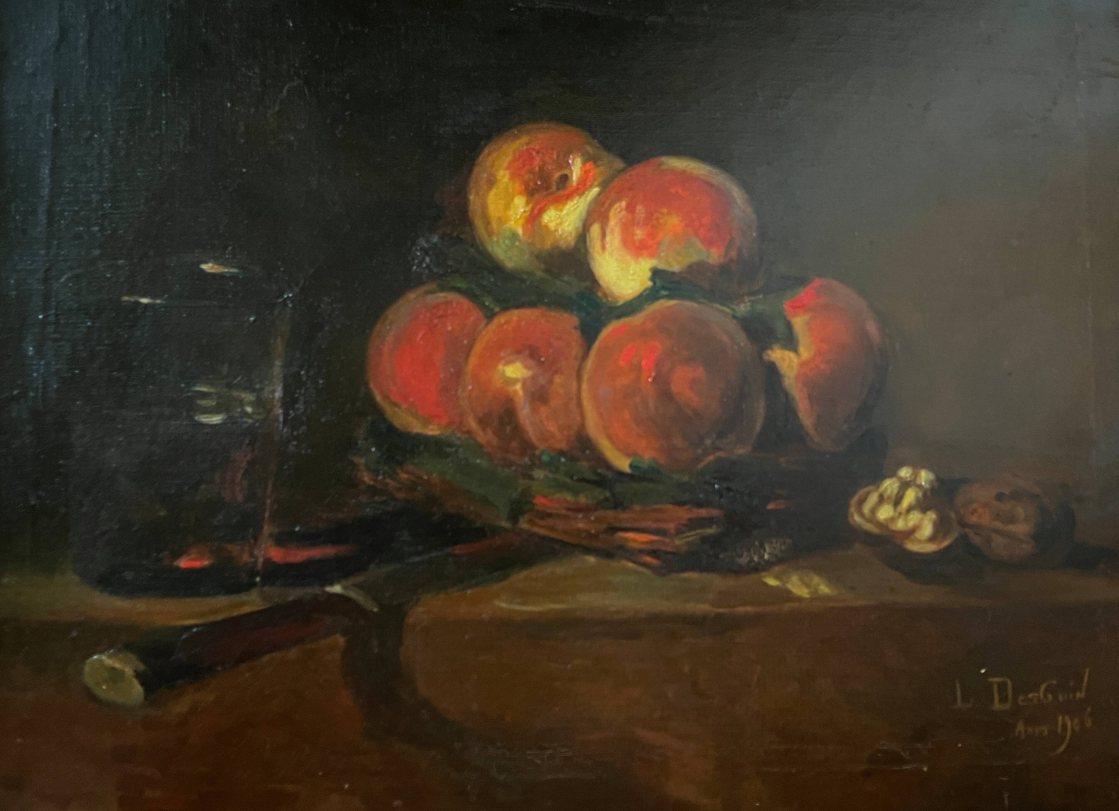 Tableau HST "Nature morte aux pêches" L. DesGuin 1907