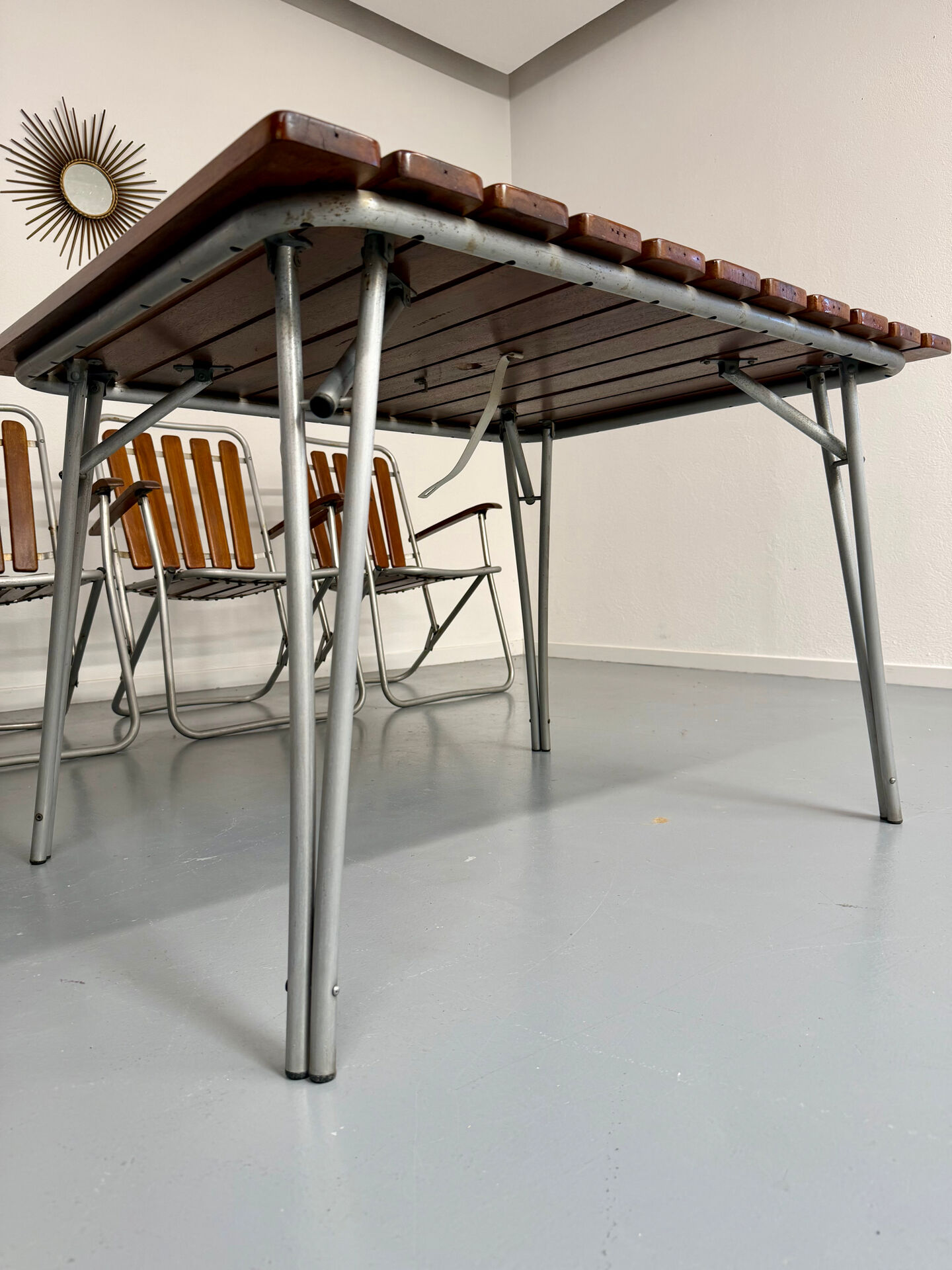 Vintage folding garden set table 4 chairs wood and metal 1960