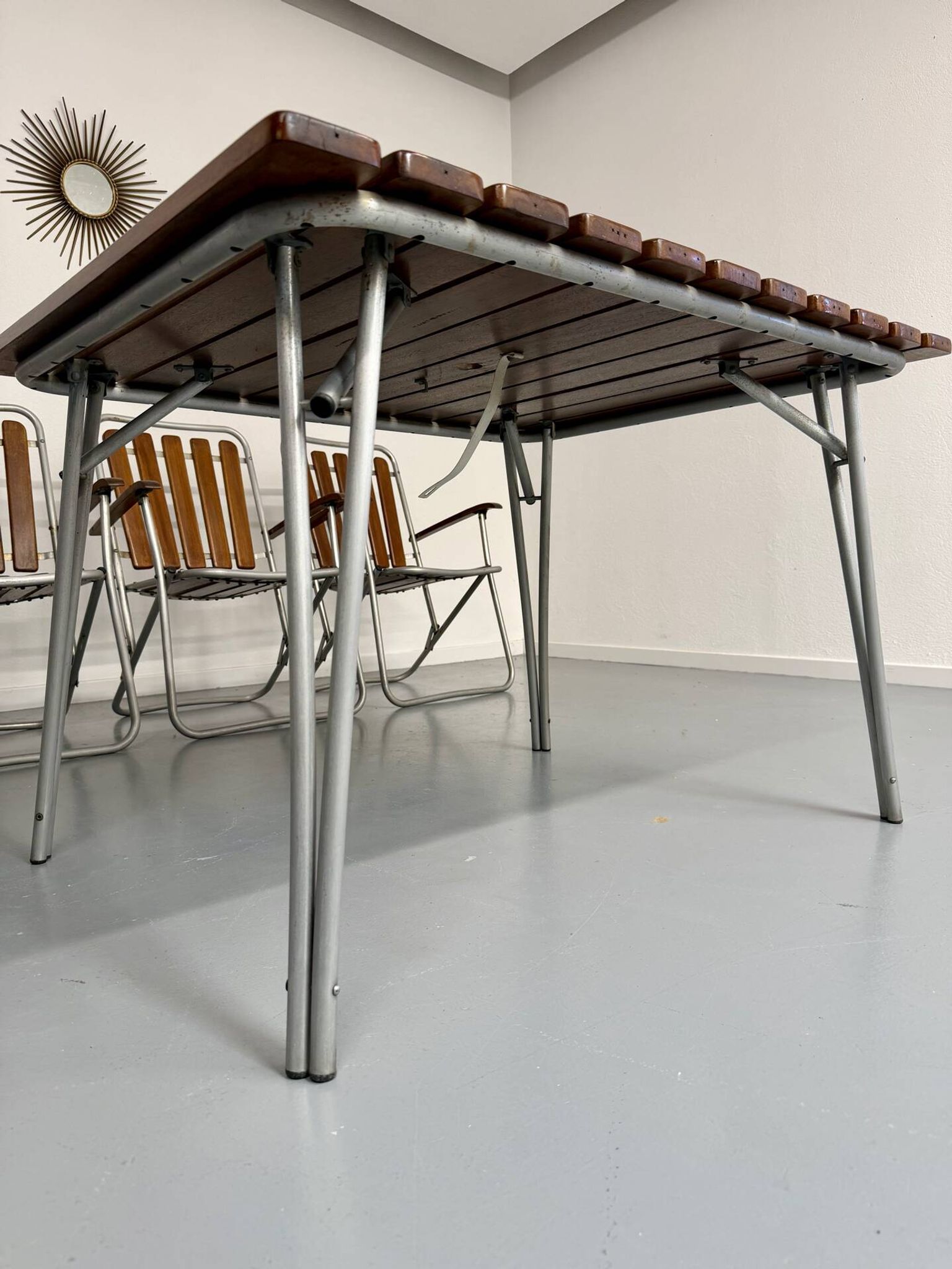 Vintage folding garden set table 4 chairs wood and metal 1960