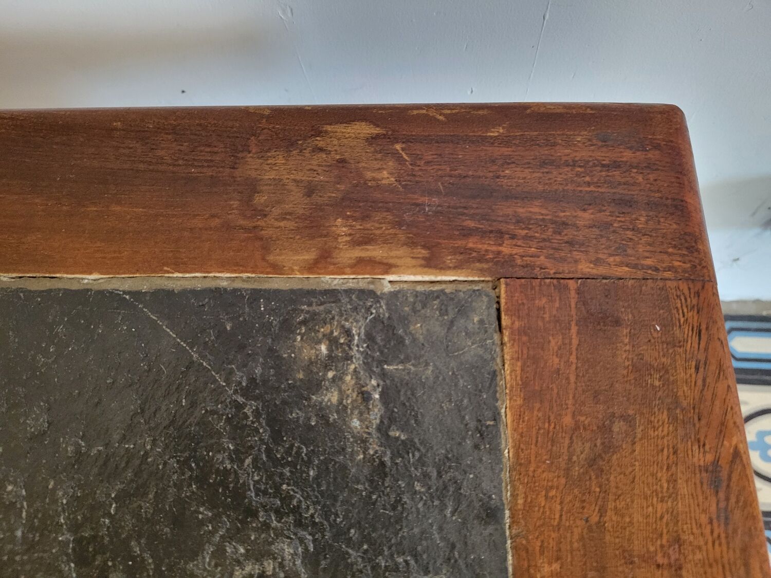 Brutalist coffee table wood and slate