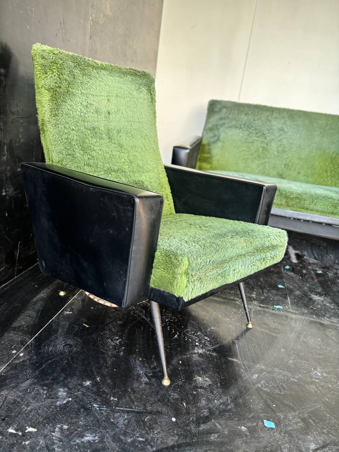 Vintage 70s green moumoute sofa and armchair