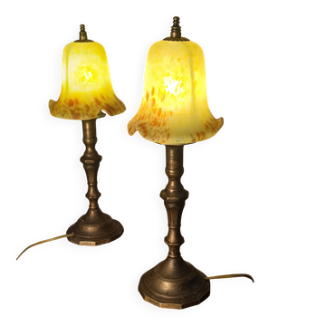 pair of bedside lamps in brass and yellow glass paste, 1930s Art Deco, 42x