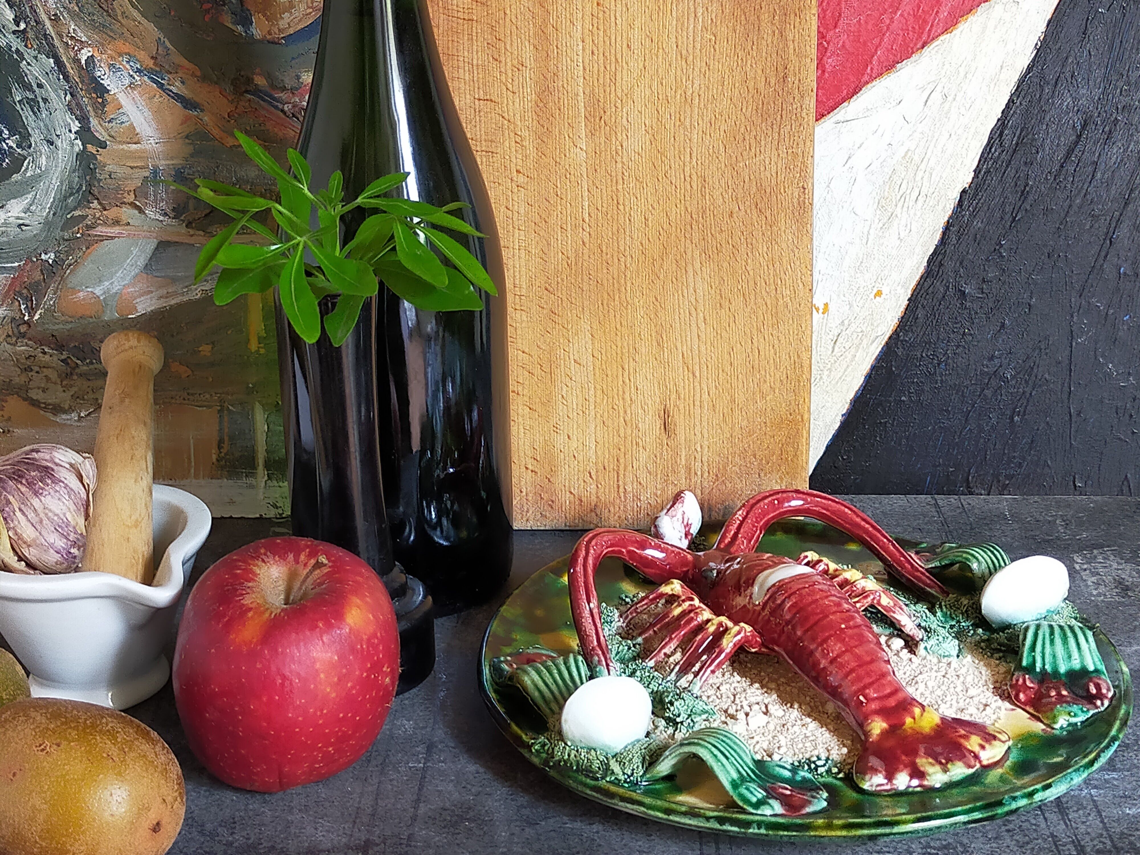 Plate in old barbotine with lobster