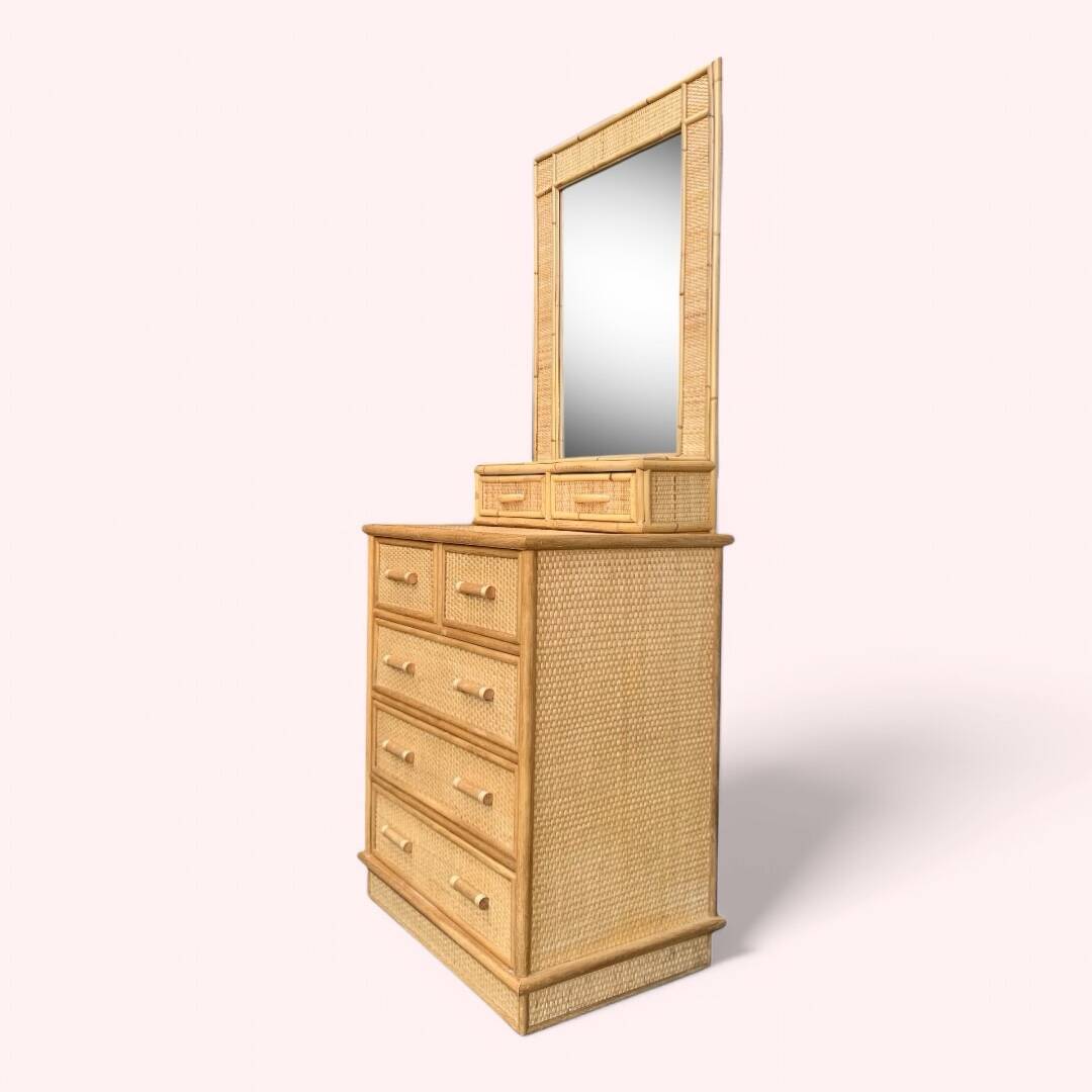 Rattan and woven wicker chest of drawers and mirror, 1970