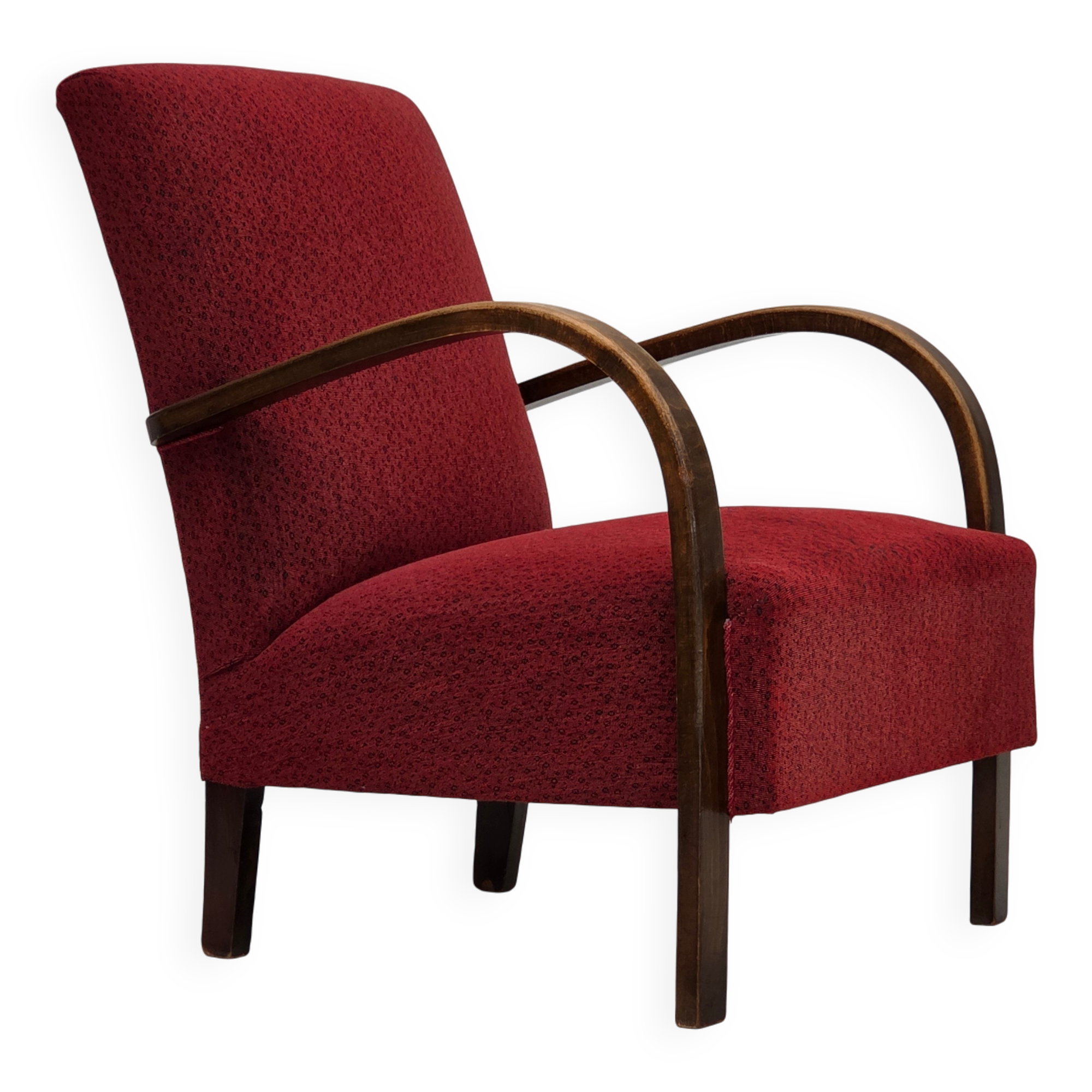 1950s, Danish art deco armchair, original red furniture wool, beech wood.