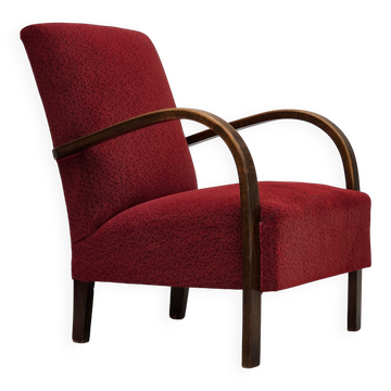 1950s, Danish art deco armchair, original red furniture wool, beech wood.