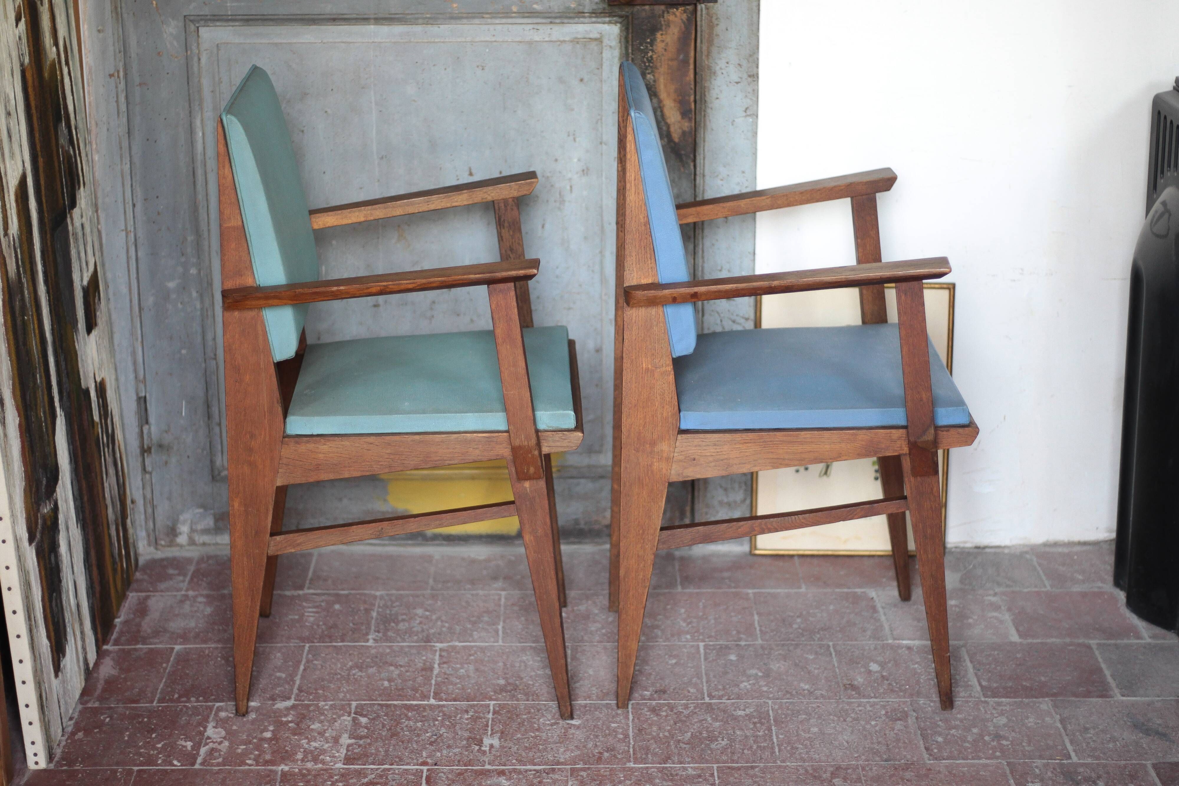 Pair of wooden bridge armchairs from the 1950s, vintage chairs.