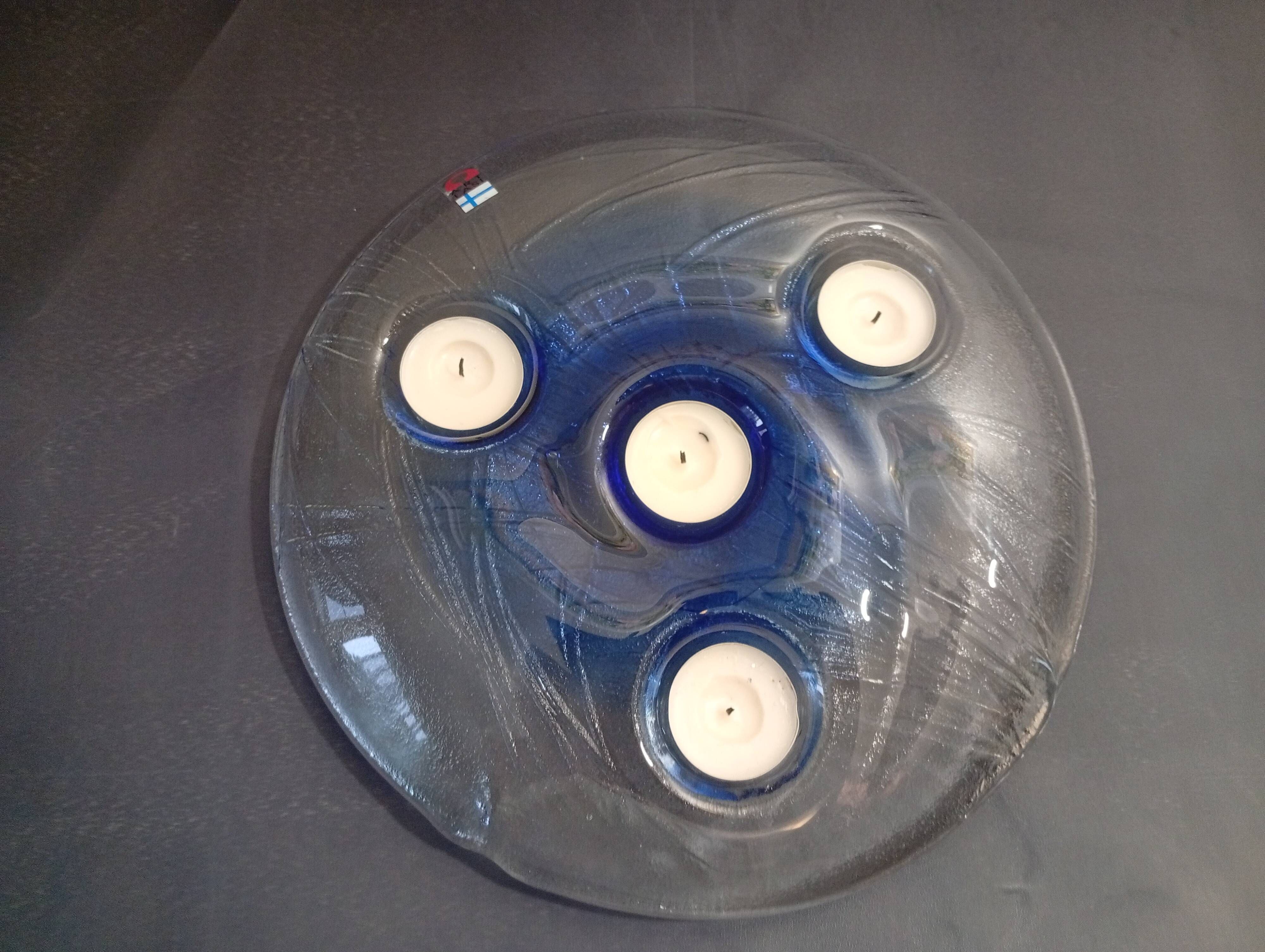 Rare Vintage Finnish Art Glass Tealight Candle Holder – Handmade Finland, 1
