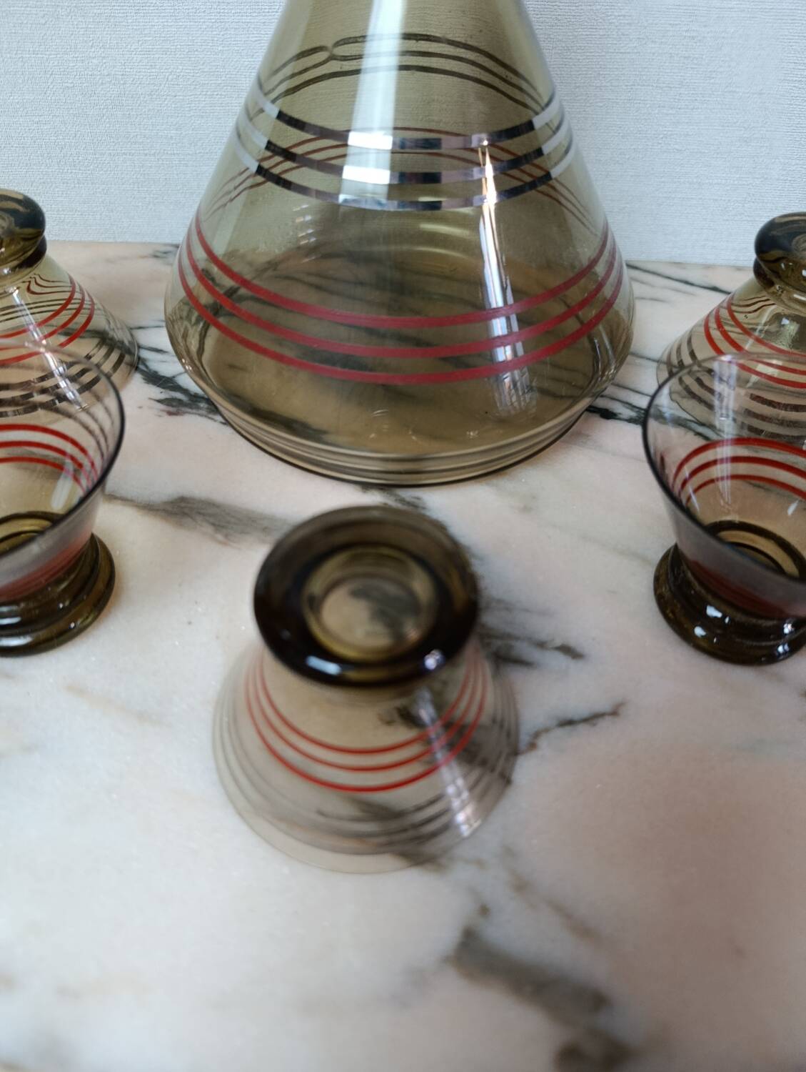 Art Deco liqueur service in smoked glass