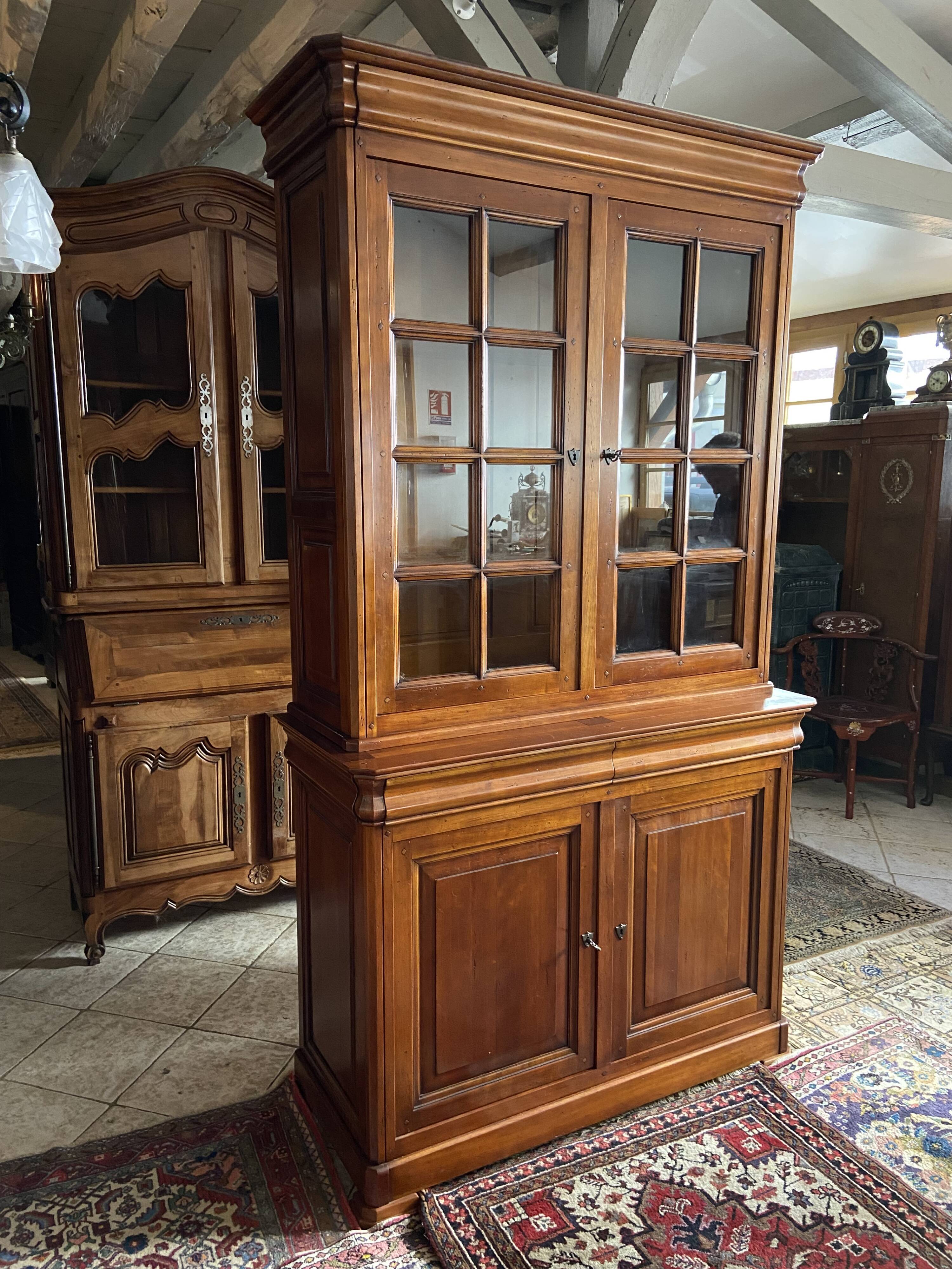 Library buffet two-body display cabinet solid cherry Louis-Philippe
