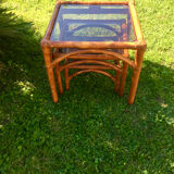 Bamboo pull-out table / leather and vintage glass