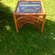 Bamboo pull-out table / leather and vintage glass