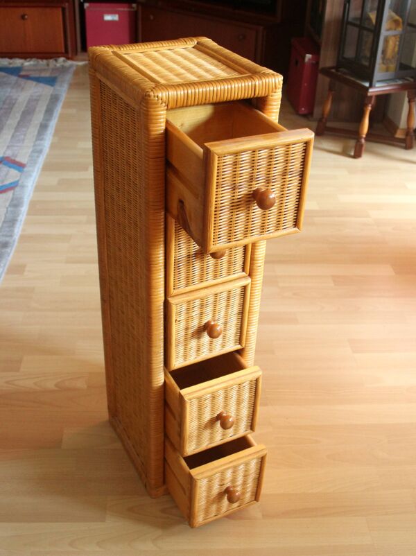 petit cabinet avec 5 tiroirs en bambou, bois et rotin - vintage