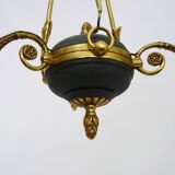 Chandelier, suspension in gilded bronze and green sheet metal with 3 arms, Empire style. Early 20th century