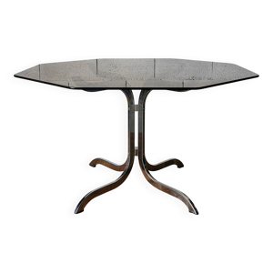 Table de salle à manger piètement chromé et plateau verre fumé circa 1970.