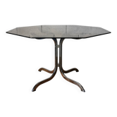 Table de salle à manger piètement chromé et plateau verre fumé circa 1970.