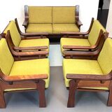 Set of four armchairs and a sofa in wood and green fabric, Italy 1960s