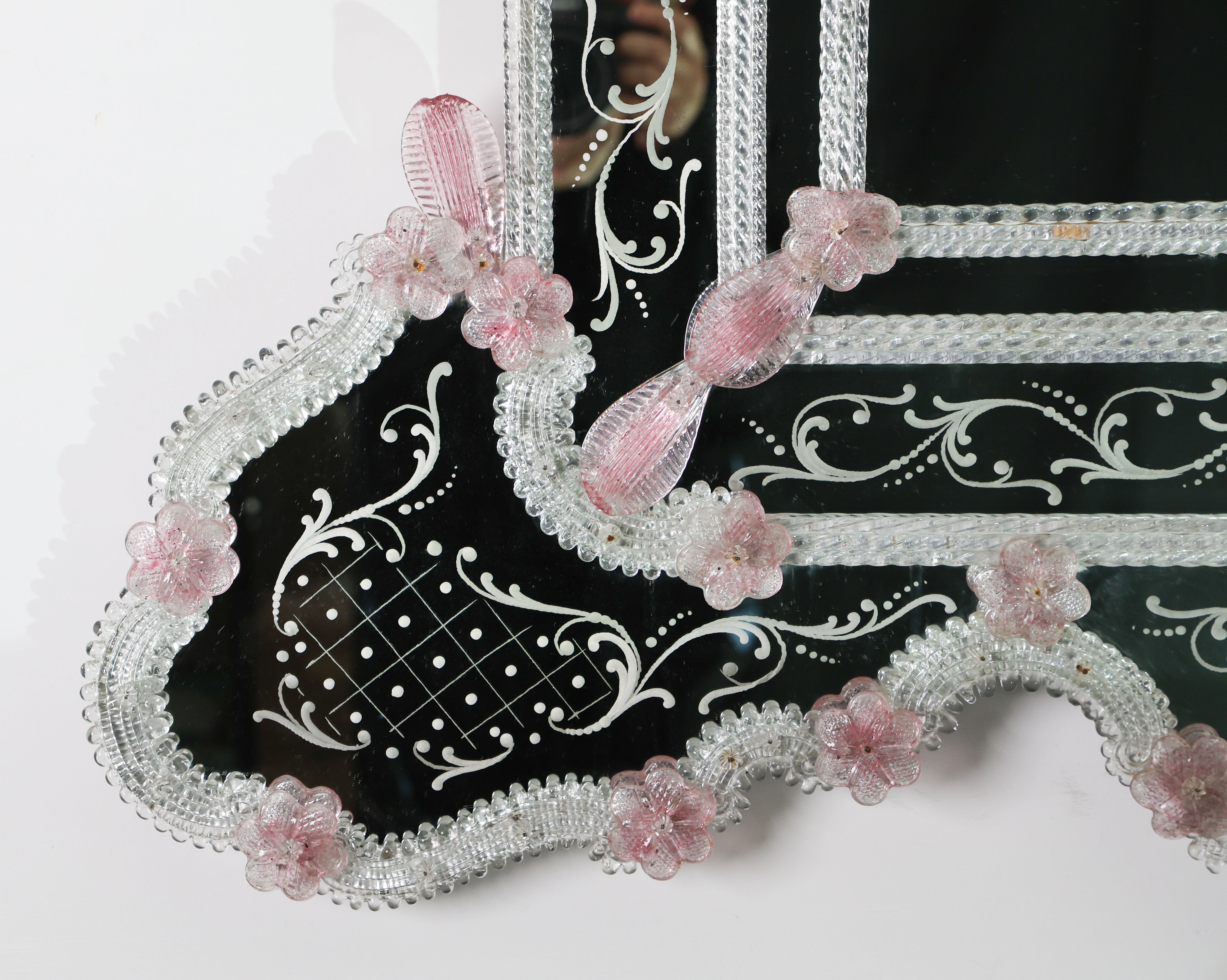 Exceptional Extra Large Size Vintage Pink Murano Glass Wall Mirror, 1950s