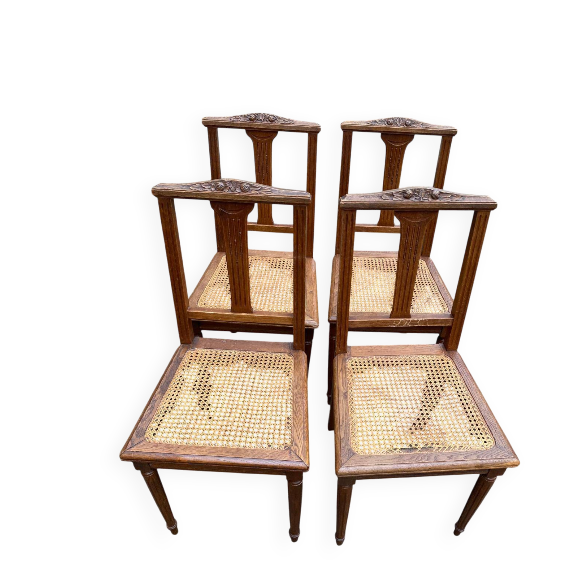 4 chaises art déco chêne massif cannées 1950 avec pieds ronds