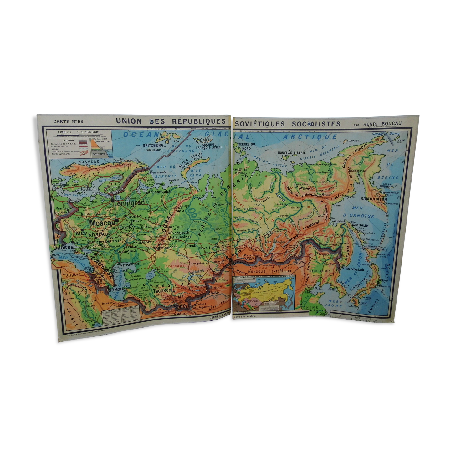 Carte de géographie d'école,carte double  "l'URSS"