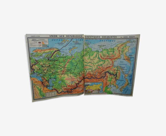 Carte de géographie d'école,carte double "l'URSS"