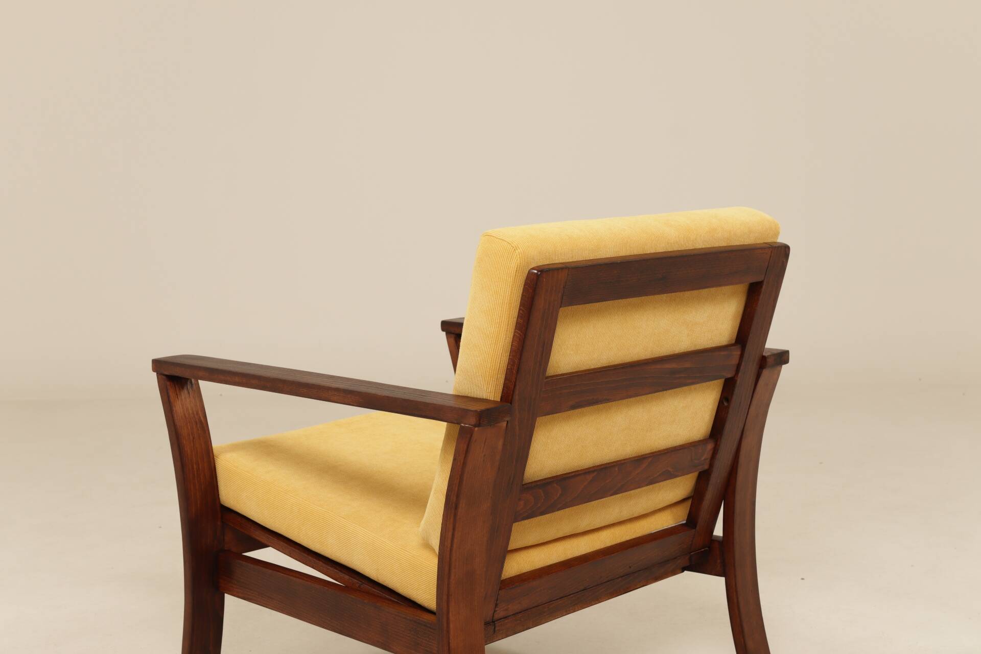 Pair of vintage curved beech armchairs, refurbished – Corduroy fabric