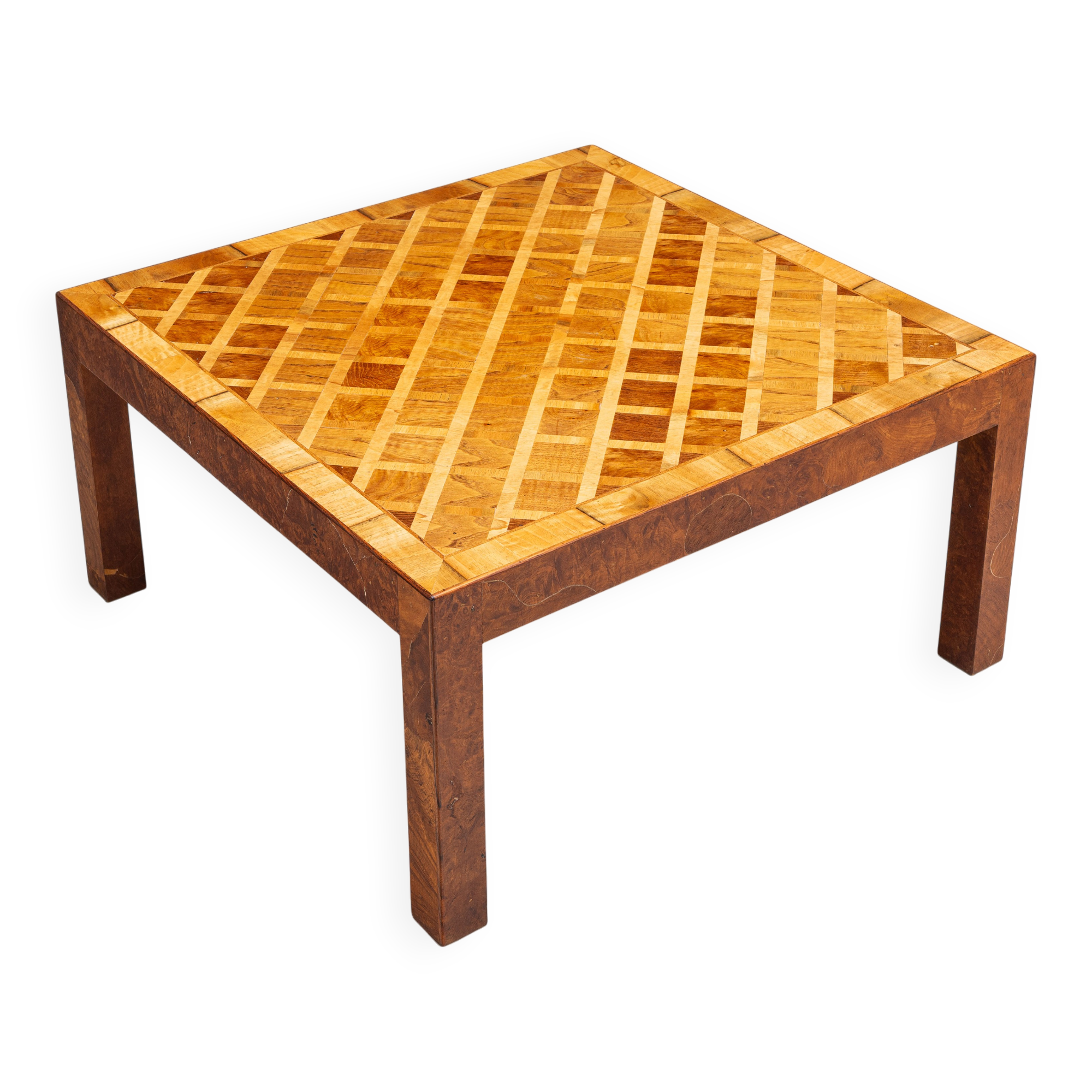 Square Italian coffee table with burl wood and inlaid parquetry top