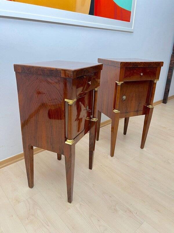 Empire Nightstands in Walnut with Full Columns in Gilt Brass, Italy, 1810, Set of 2