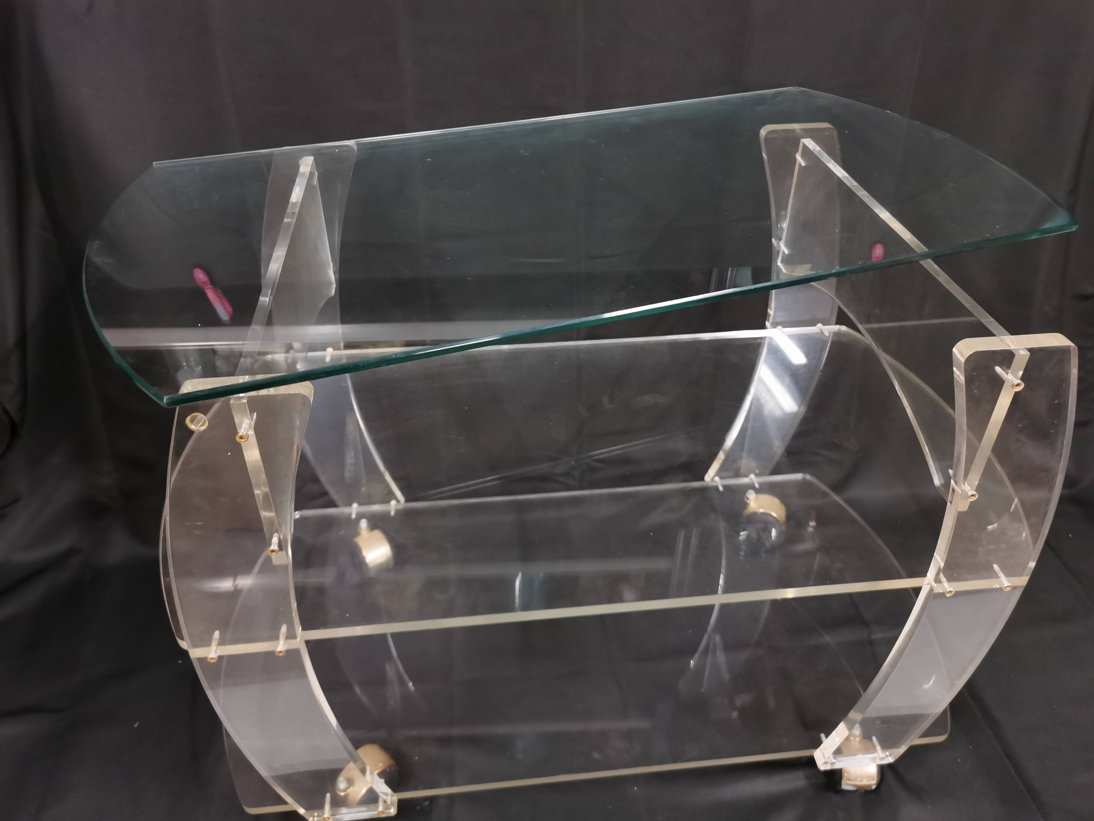 Vintage plexiglass trolley, david lange table on wheels