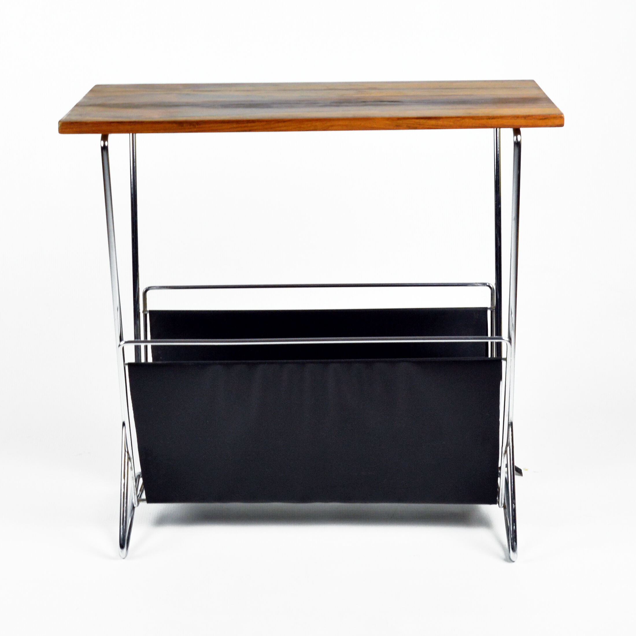 1970s modernist metal newspaper rack with a rosewood top, Sweden