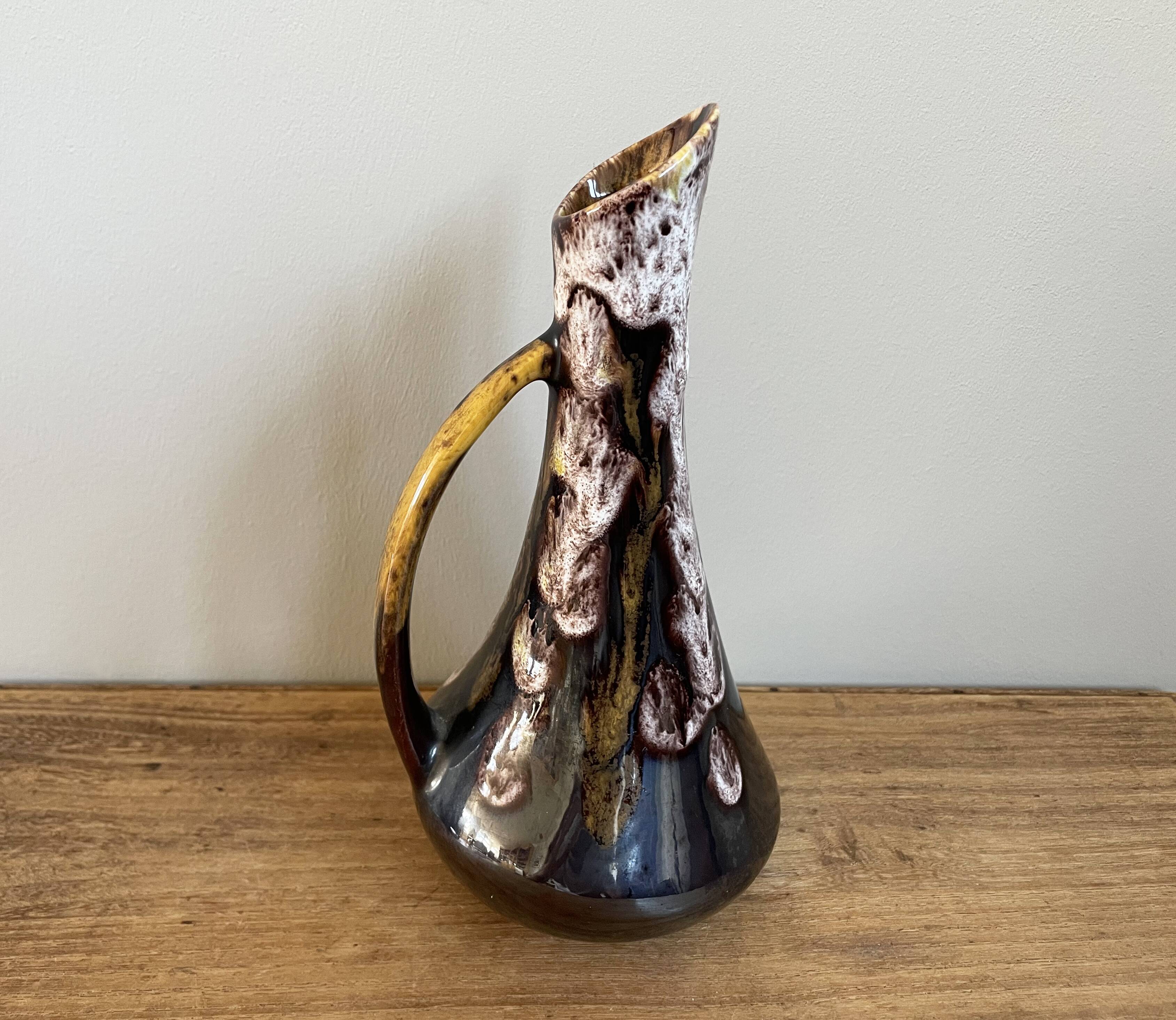 Fat lava style vase with handle, victory, purple, yellow & black drip glaze