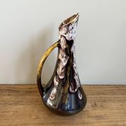 Fat lava style vase with handle, victory, purple, yellow & black drip glaze