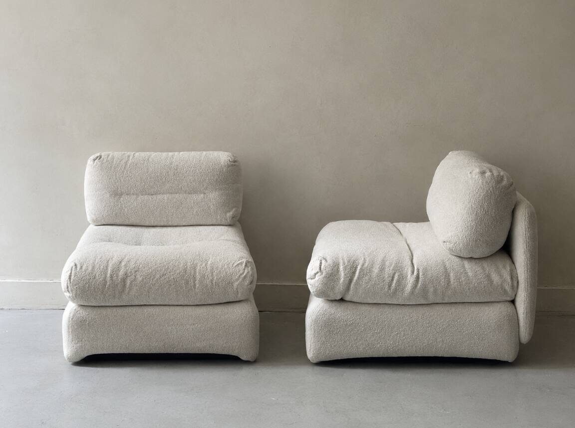 2 Italian off-white chenille armchairs with wooden base, 1970s design.