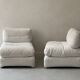 2 Italian off-white chenille armchairs with wooden base, 1970s design.