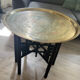 Moroccan coffee table in engraved brass and carved wood