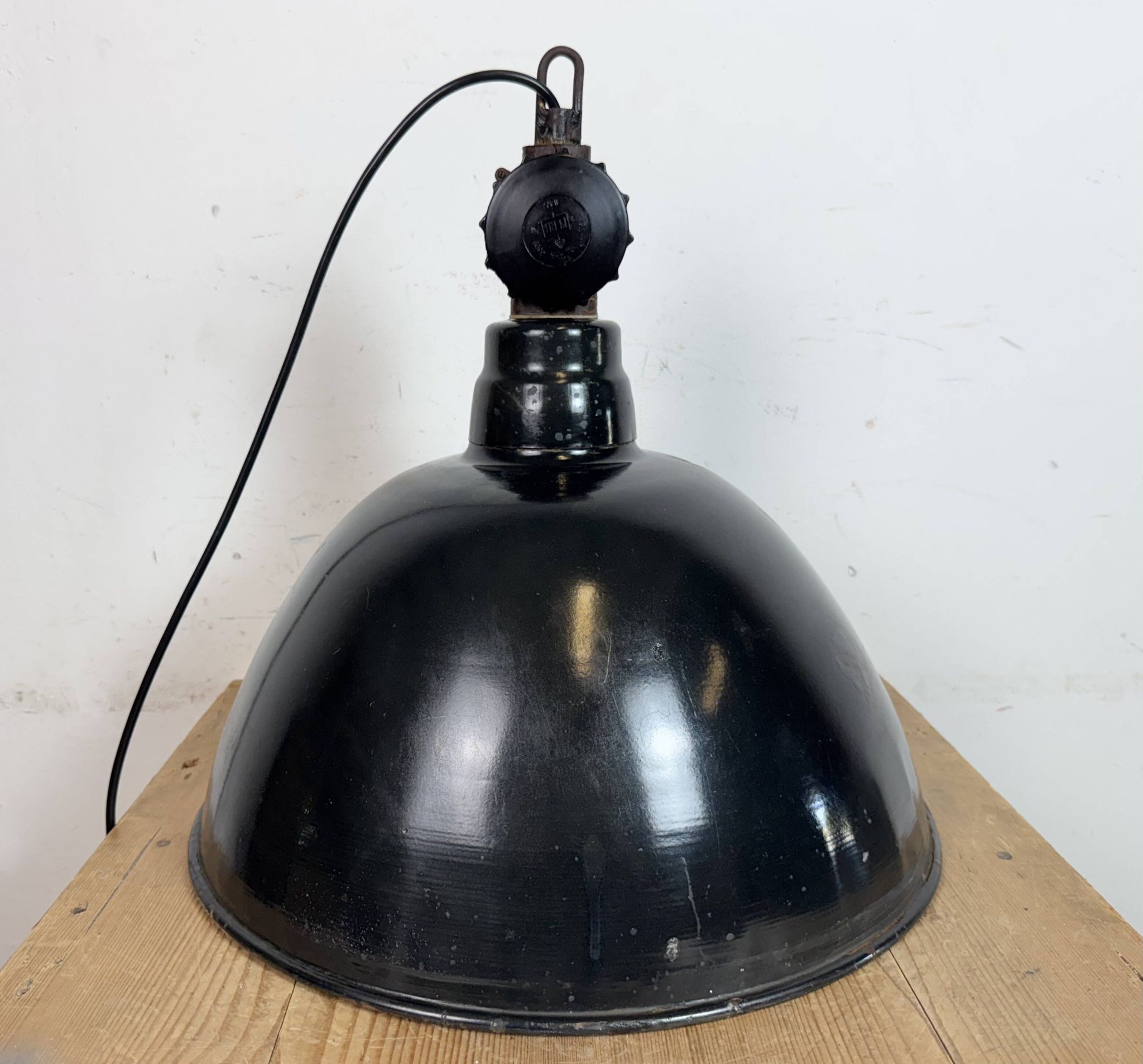 East German Black Enamel Factory Light by Lbd Veb Leuchtenbau Dresden, 1950