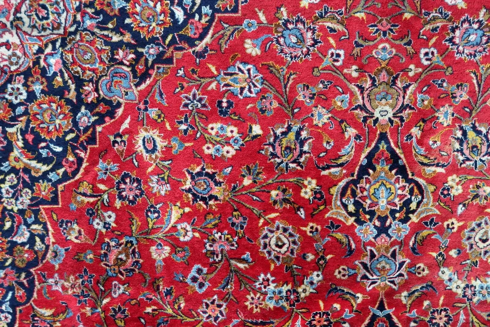 1920s handmade antique wool medallion rug, red & navy, 298 × 411 cm - 1C1302