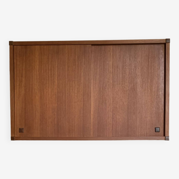 Vintage teak wall bookcase with sliding doors