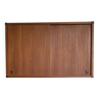 Vintage teak wall bookcase with sliding doors