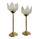 Pair of tulip-shaped candle holders in frosted glass and brass.