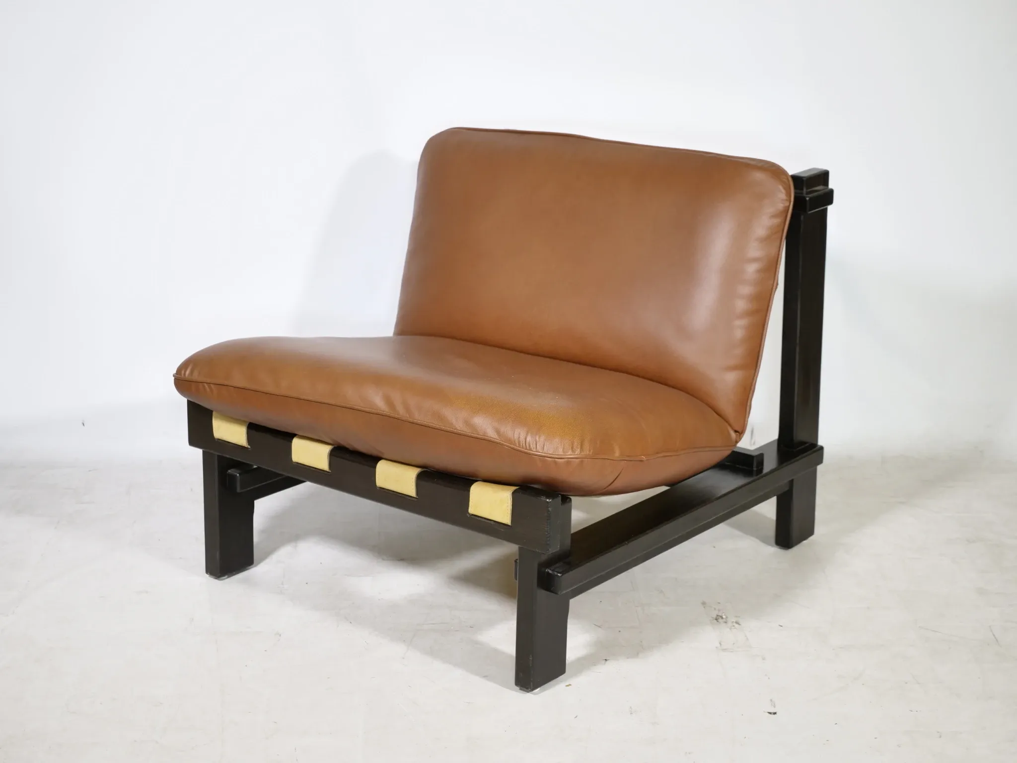 Brutalist Lounge Set in Light Brown Leather & Pine by Carl Straub, Set of 3