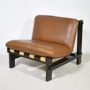 Brutalist Lounge Set in Light Brown Leather & Pine by Carl Straub, Set of 3